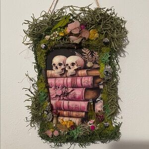 Skull and Book Wall print with handcrafted border moss floral Accents decor